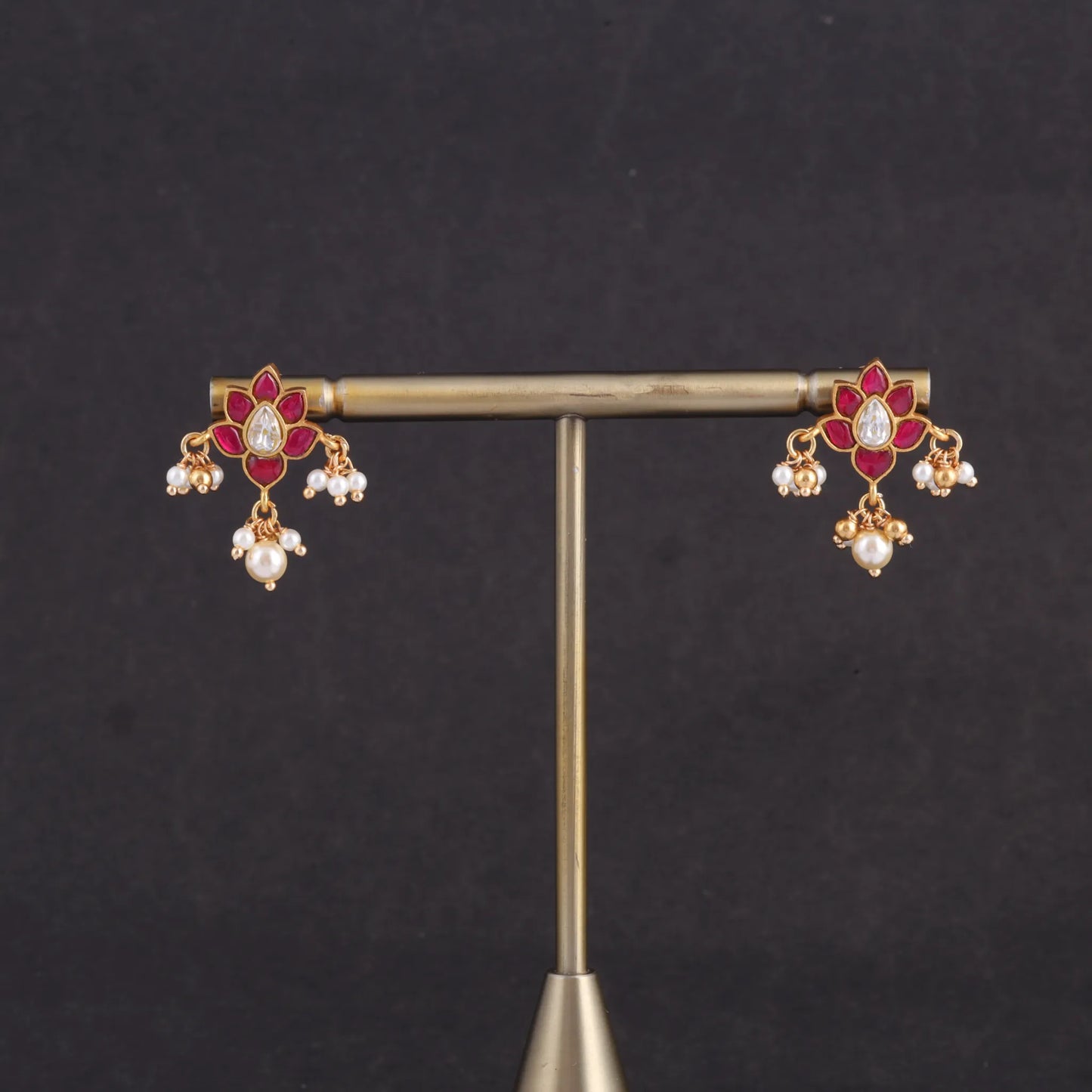 Floral Motif Little Jadau Kundan Stud Earrings with Pearl beads Hangings