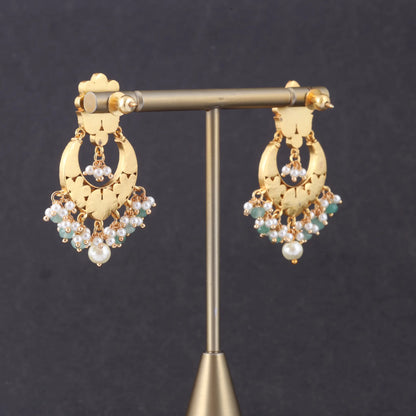 Charming Jadau Kundan Chandbali Earrings with Pearl and Green Beads Hangings