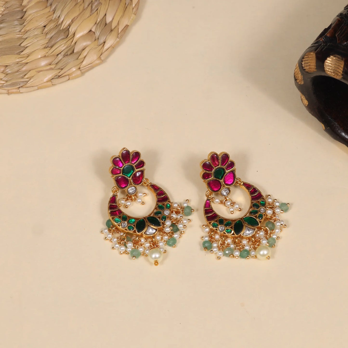 Charming Jadau Kundan Chandbali Earrings with Pearl and Green Beads Hangings