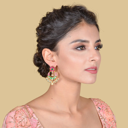 Charming Jadau Kundan Chandbali Earrings with Pearl and Green Beads Hangings