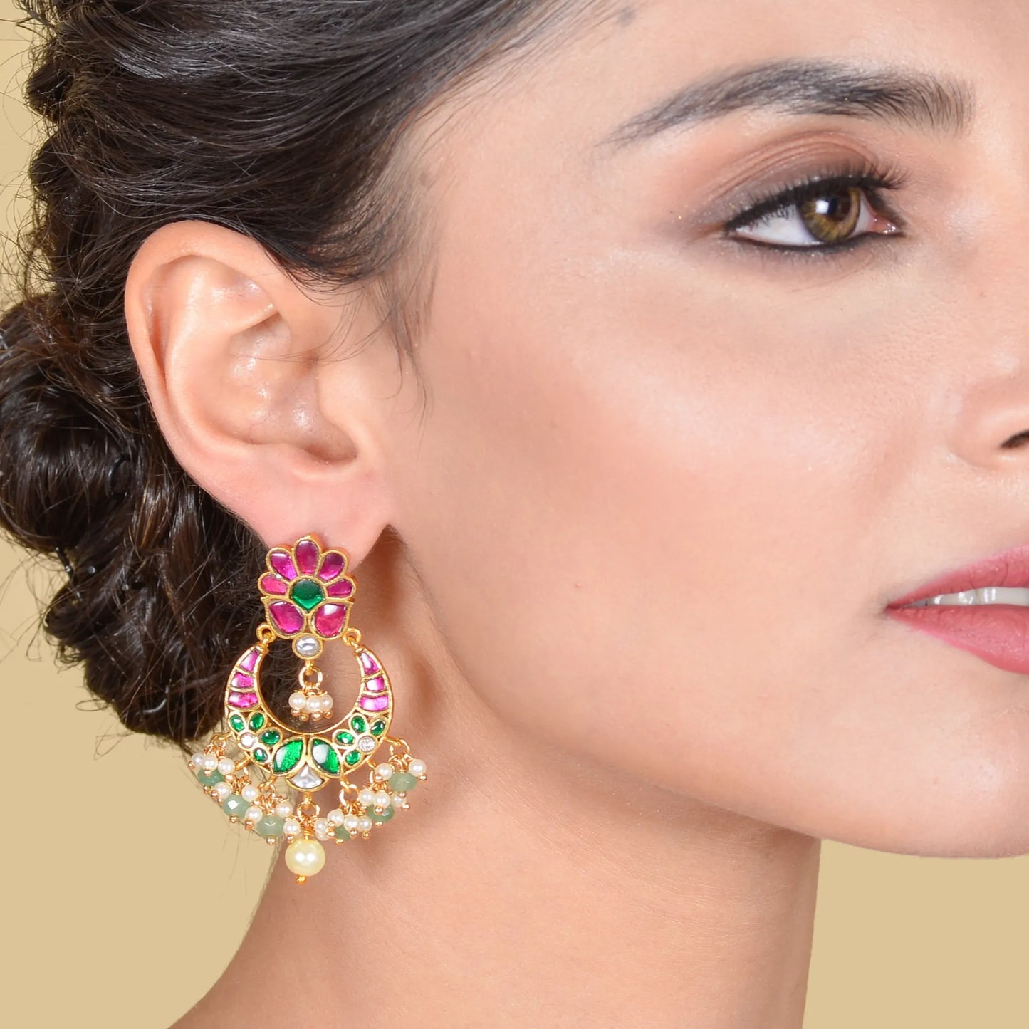 Charming Jadau Kundan Chandbali Earrings with Pearl and Green Beads Hangings