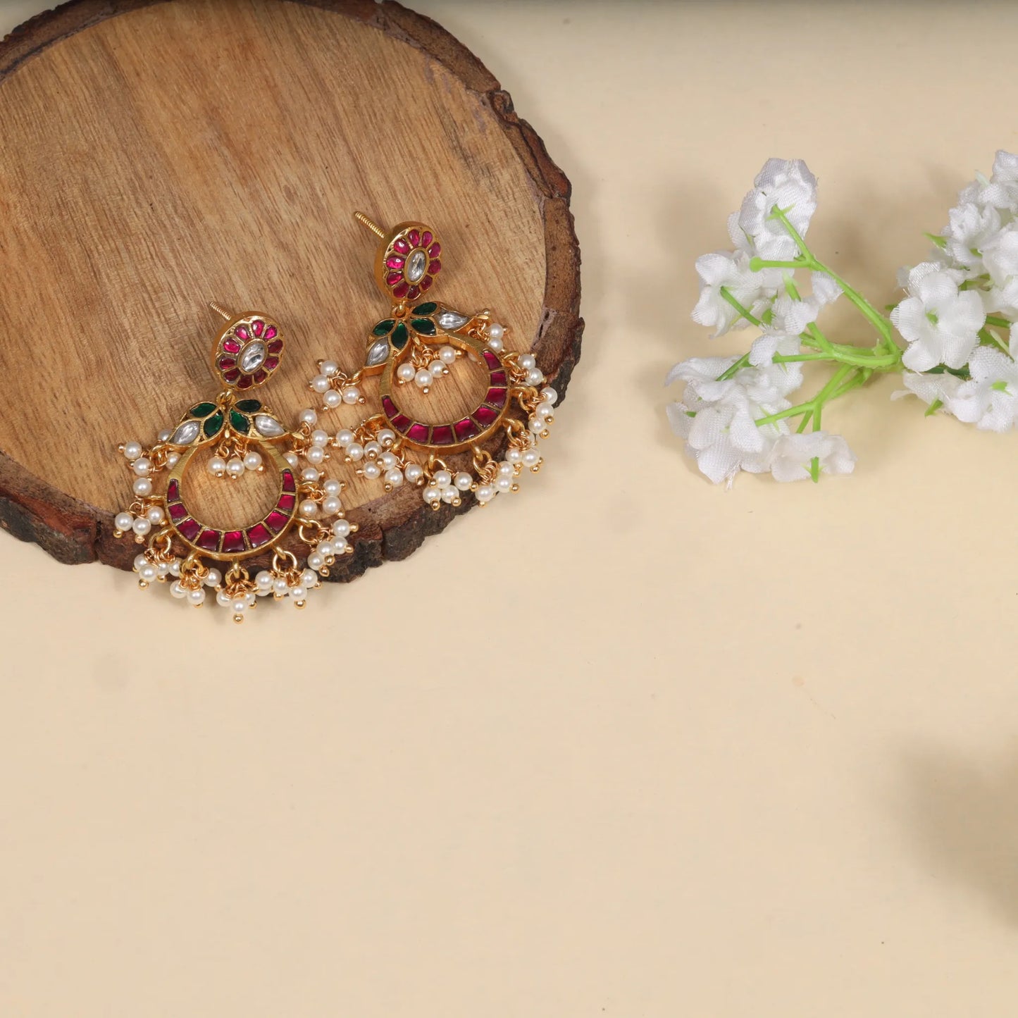 Beautiful Designer Jadau Kundan Classic Earrings with Pearl Beads Hangings