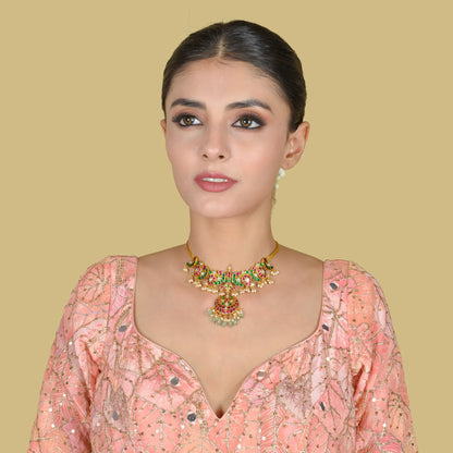 Classic Ruby and Emerald Jadau Kundan Short Necklace