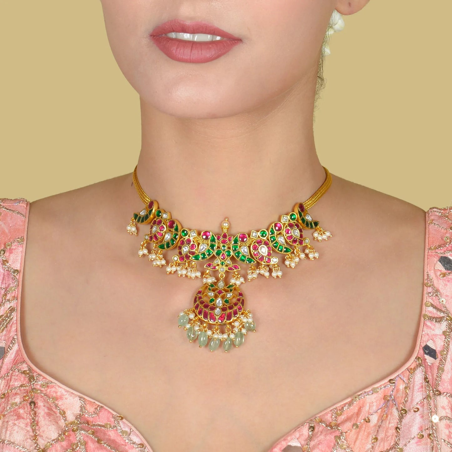 Classic Ruby and Emerald Jadau Kundan Short Necklace