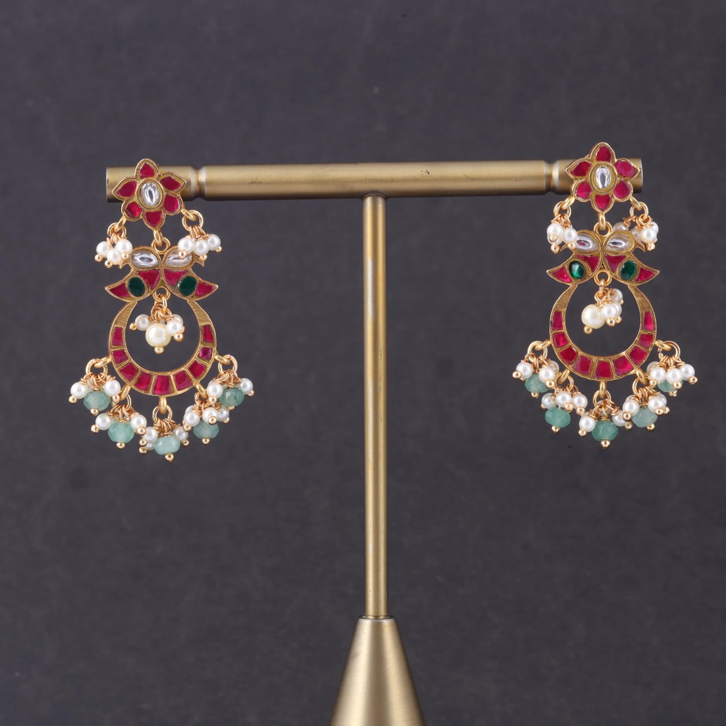 Delicate Designer Jadau Kundan Chandbali Earrings with Pearl and Green Beads Hangings