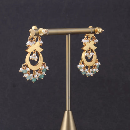 Delicate Designer Jadau Kundan Chandbali Earrings with Pearl and Green Beads Hangings