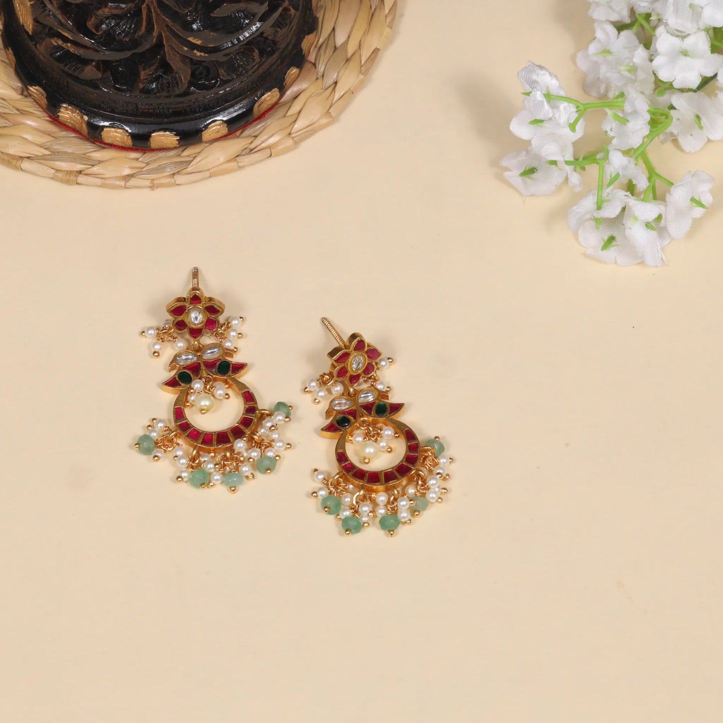 Delicate Designer Jadau Kundan Chandbali Earrings with Pearl and Green Beads Hangings