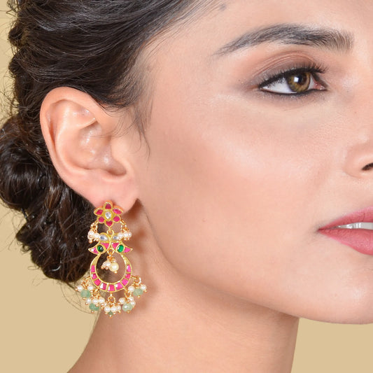 Delicate Designer Jadau Kundan Chandbali Earrings with Pearl and Green Beads Hangings