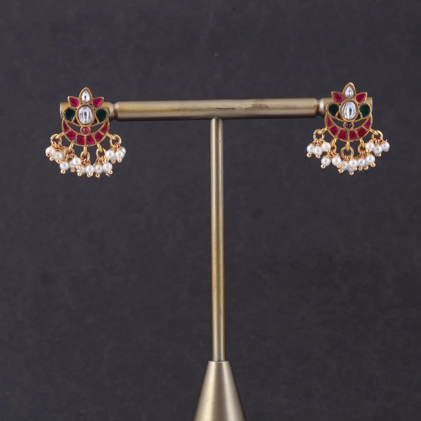 Delicate Designer Jadau Kundan Stud Earrings with Pearl Beads Hangings