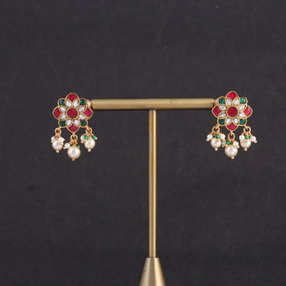 Elegant Floral Motif Designer Jadau Kundan Stud Earrings with Pearl Beads Hangings