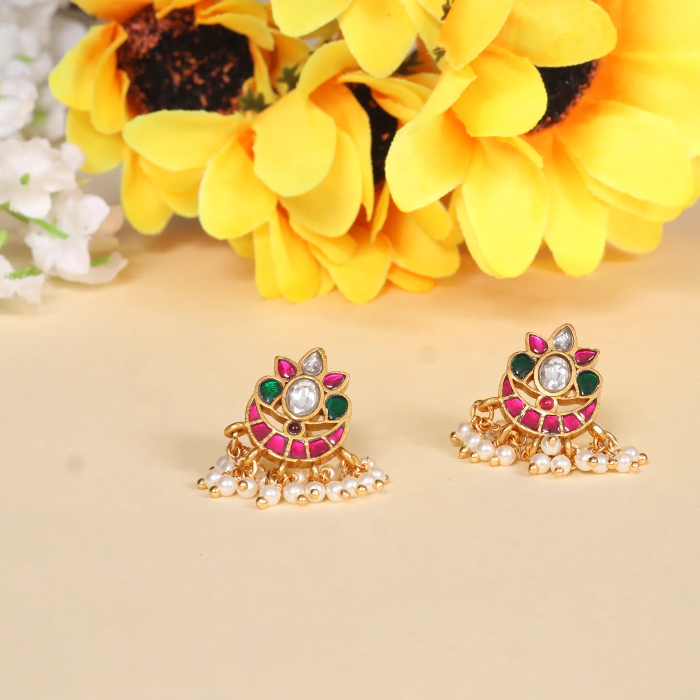 Delicate Designer Jadau Kundan Stud Earrings with Pearl Beads Hangings