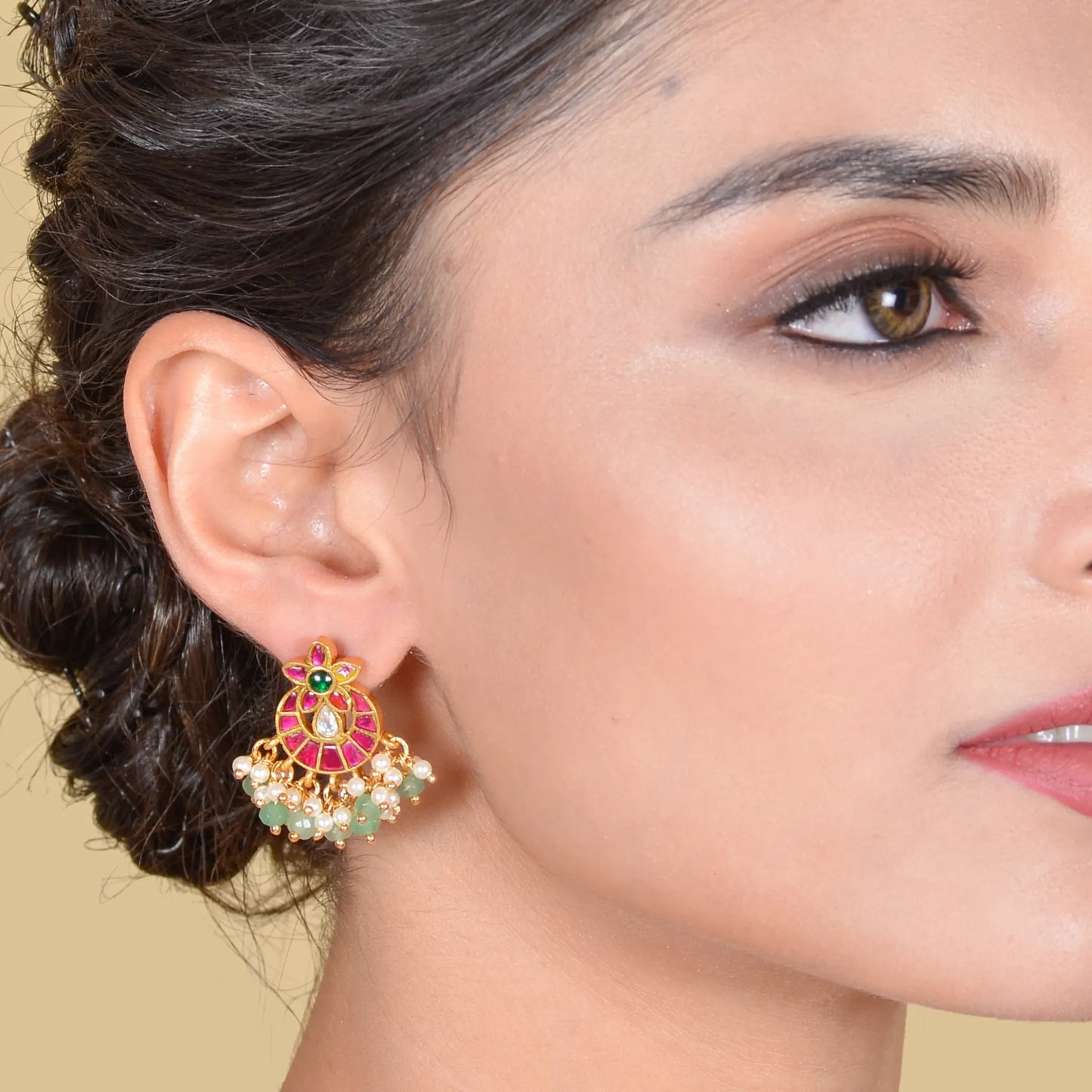 Delicate Designer Jadau Kundan Stud Earrings with Pearl Beads Hangings