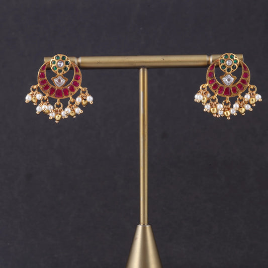 Stylish and Delicate Jadau Kundan Chandbali Stud Earrings with Pearl Beads Hangings