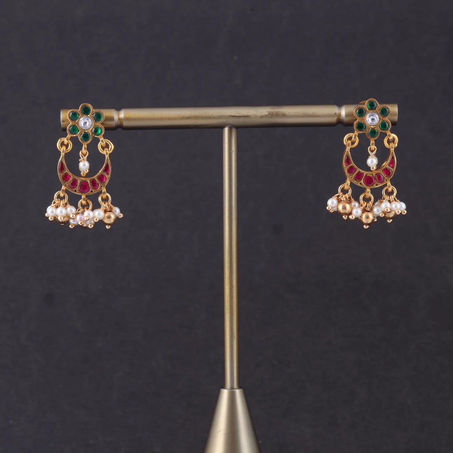 Simple Jadau Kundan Chandbali Earrings With Pearl Hangings