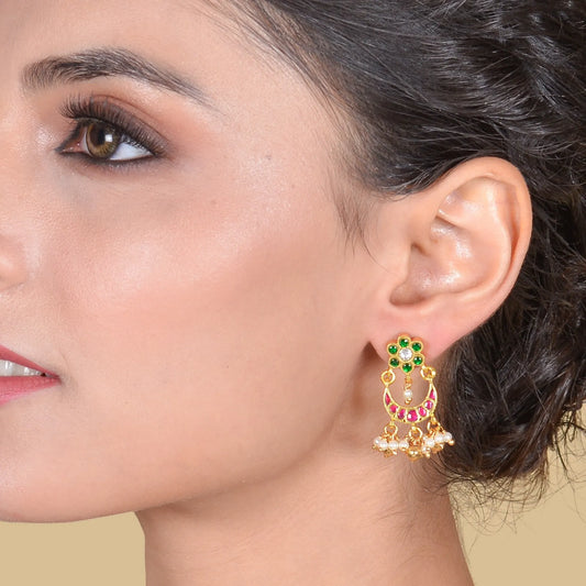 Simple Jadau Kundan Chandbali Earrings With Pearl Hangings