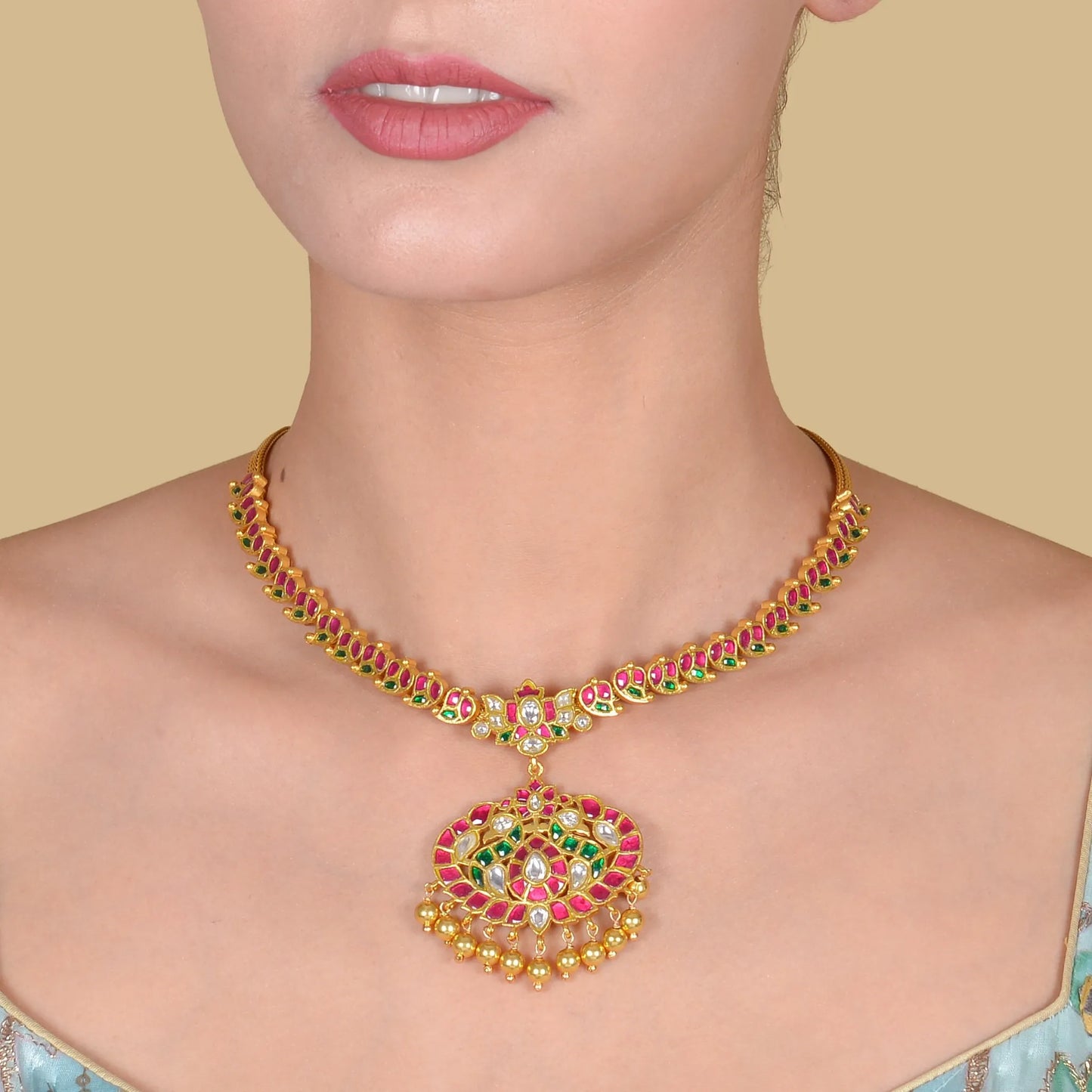 Beautiful Classic Simple Jadau Kundan Gold Plated Short Necklace