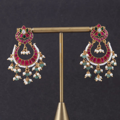 Delightful Jadau Kundan Designer Chandbali Earrings with Pearl and Green Beads Hangings