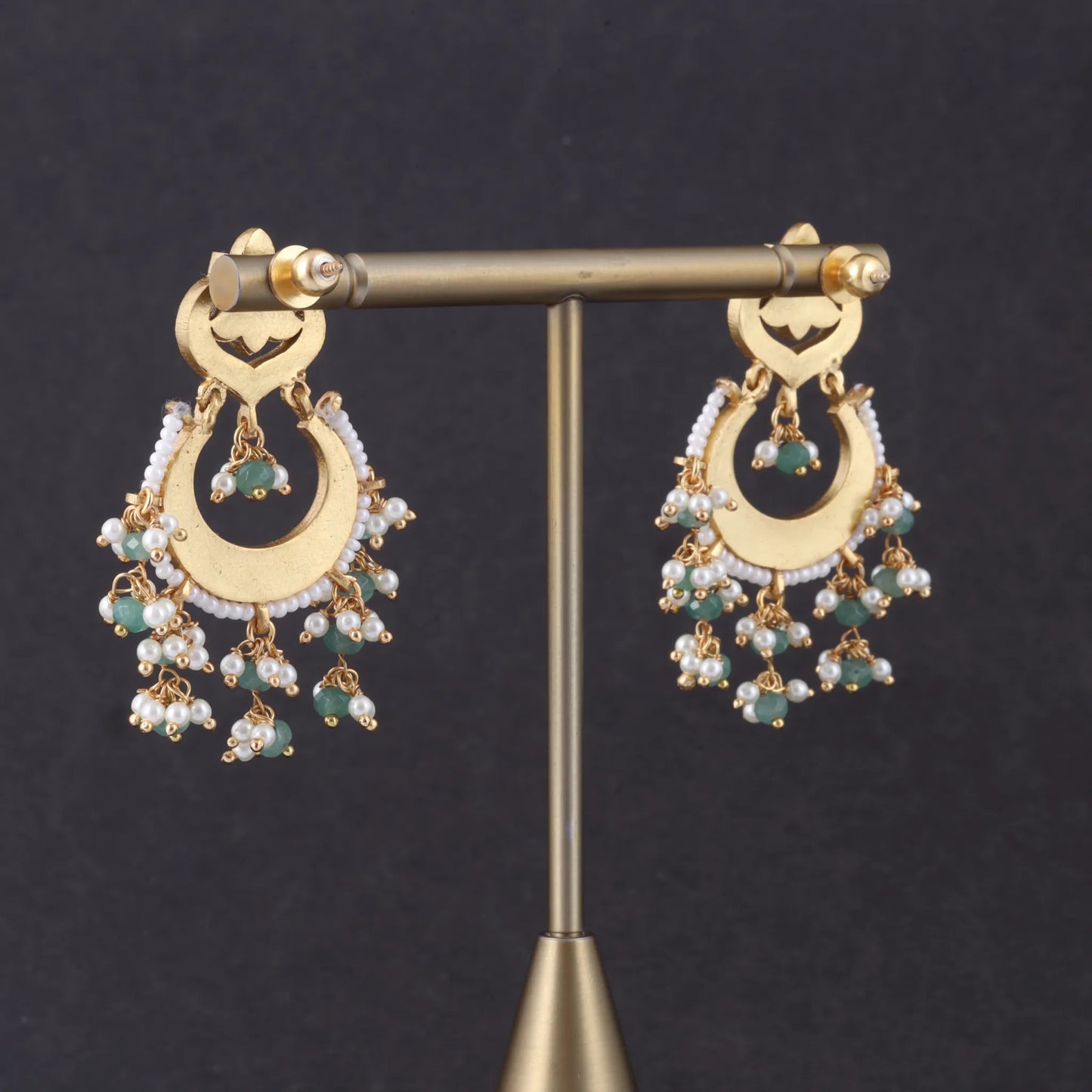 Delightful Jadau Kundan Designer Chandbali Earrings with Pearl and Green Beads Hangings