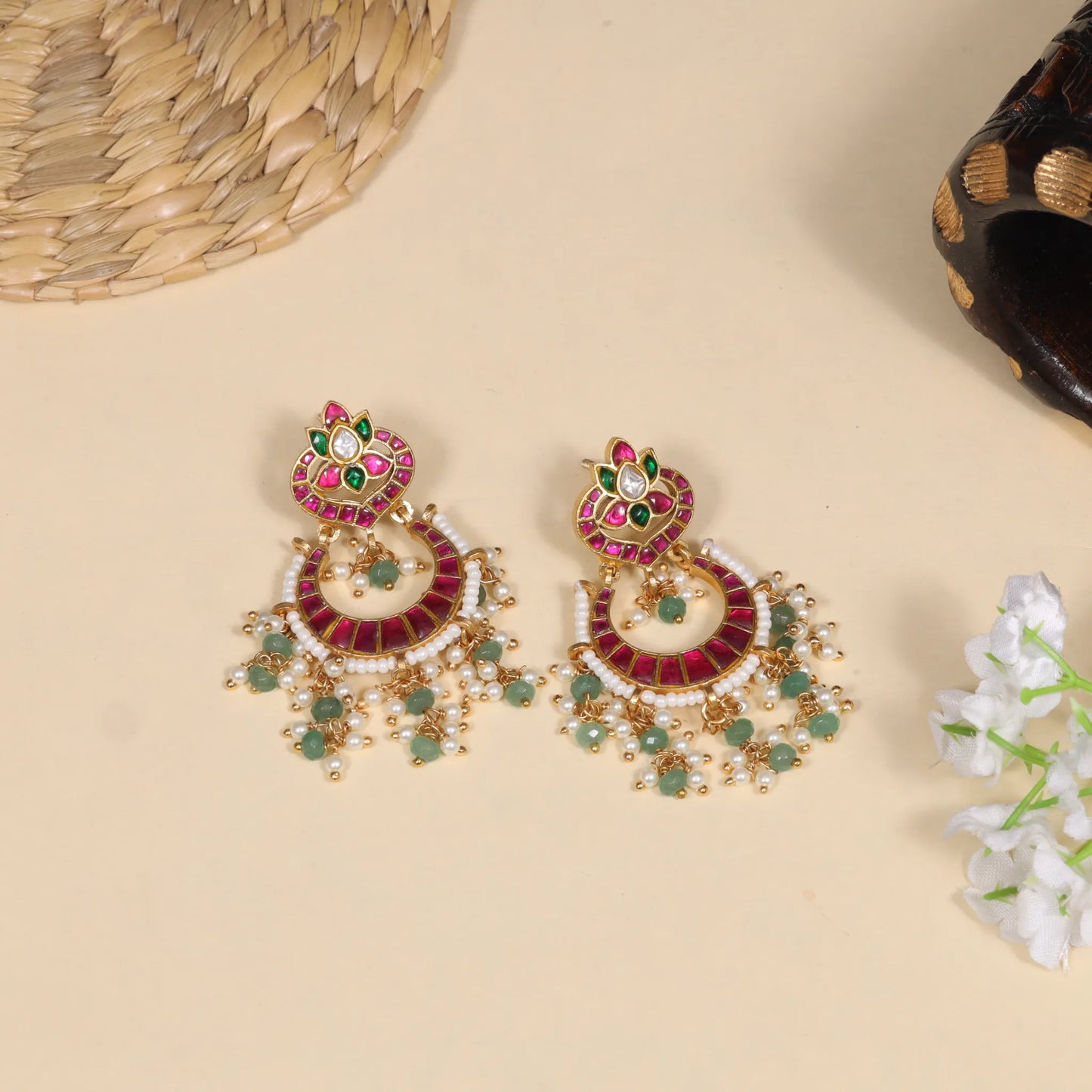 Delightful Jadau Kundan Designer Chandbali Earrings with Pearl and Green Beads Hangings