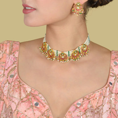 Unique Handcrafted Designer Jadau Kundan Choker Necklace Earring Set