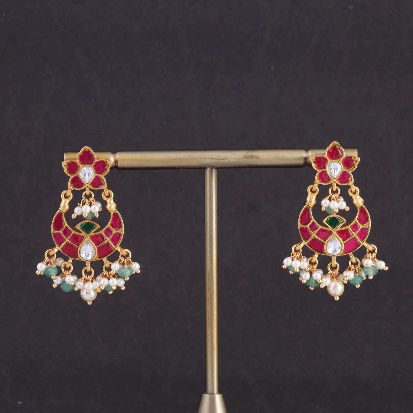 Exclusive Hand Crafted Designer Chandbali Earrings with Pearl and Green Beads Hangings