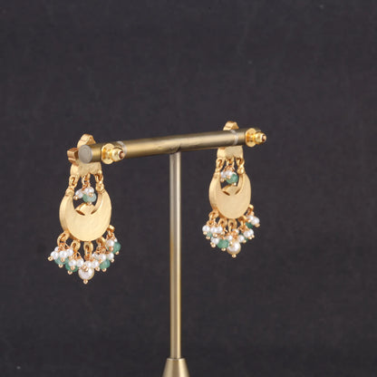 Exclusive Hand Crafted Designer Chandbali Earrings with Pearl and Green Beads Hangings