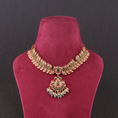 Elegant Peacock Moltif Real Jadau Kundan fine work Necklace with Emeralds Green Beads Hangings