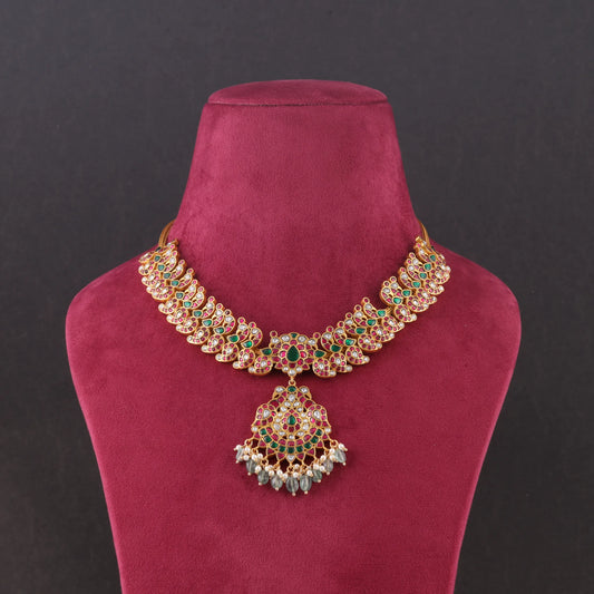 Elegant Peacock Moltif Real Jadau Kundan fine work Necklace with Emeralds Green Beads Hangings