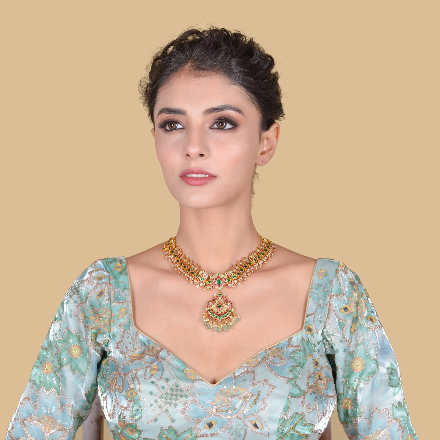 Elegant Peacock Moltif Real Jadau Kundan fine work Necklace with Emeralds Green Beads Hangings