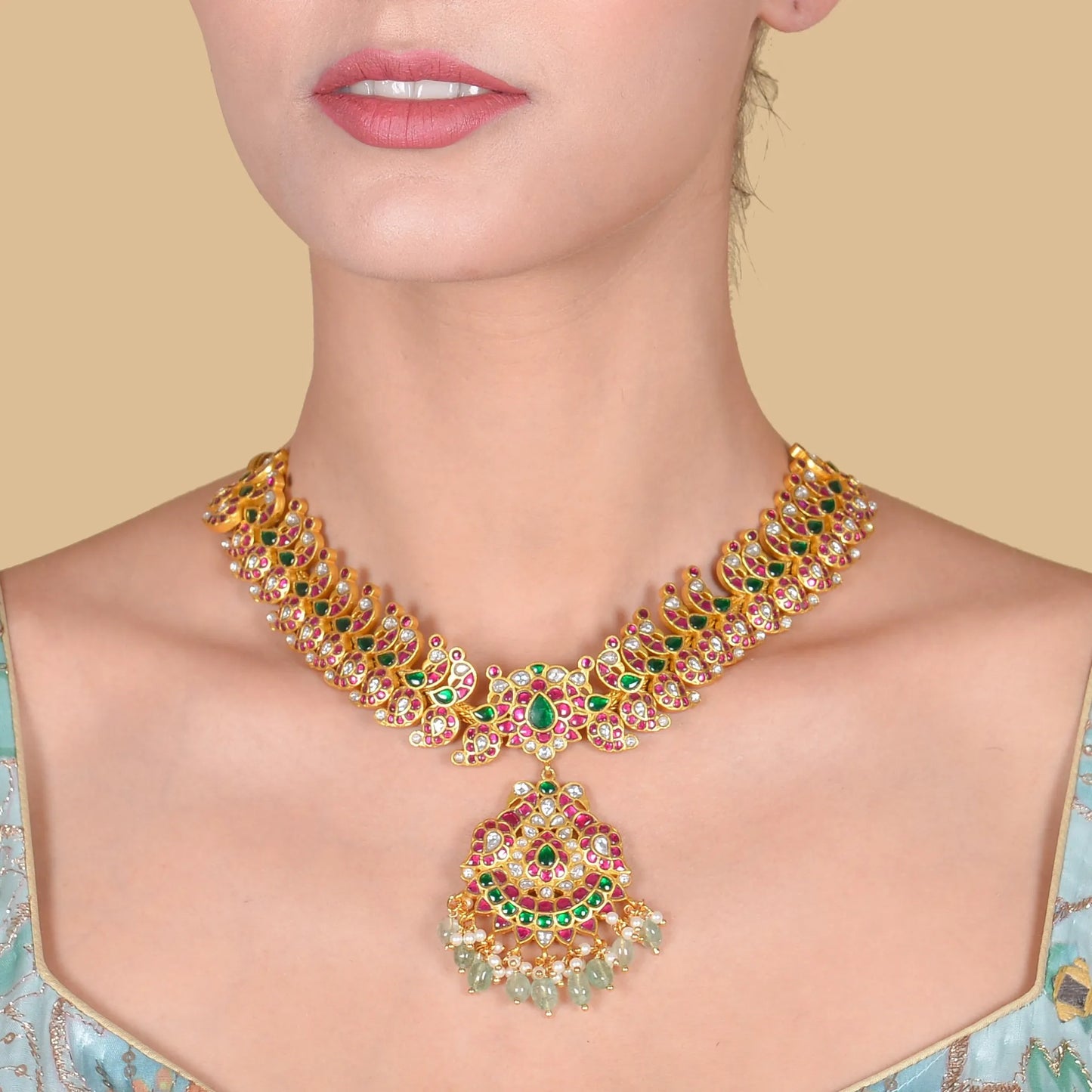 Elegant Peacock Moltif Real Jadau Kundan fine work Necklace with Emeralds Green Beads Hangings