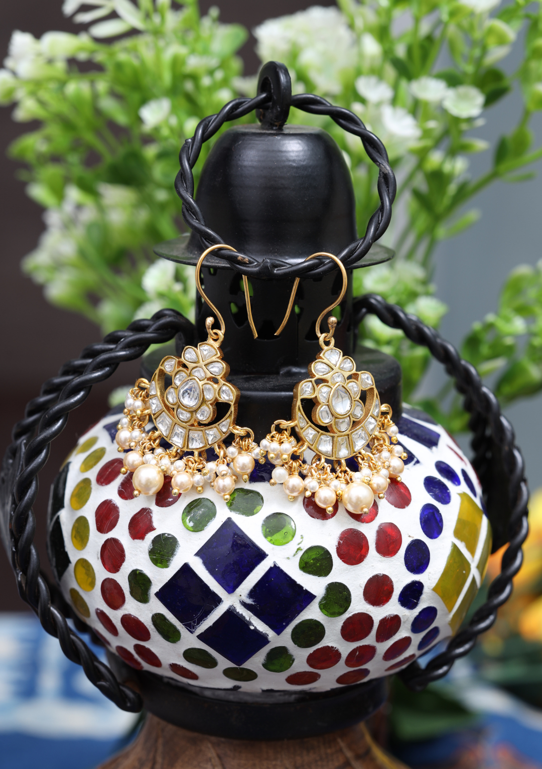 Diya White Jadau Kundan Hook Earrings