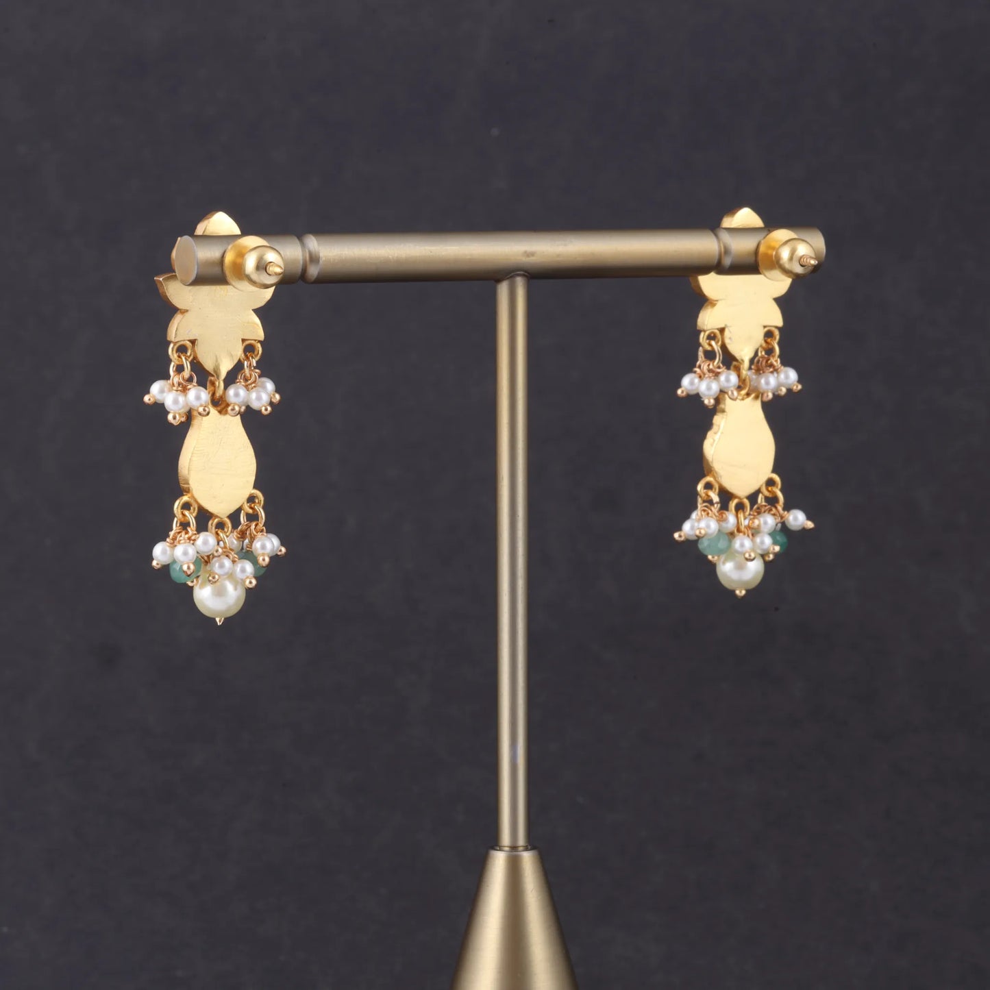 Dazzling Jadau Kundan Designer Earrings with Pear and Green Beads Hangings