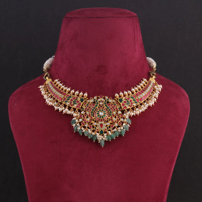 Classic Bridal Jadau Kundan Necklace with Green Emerald Beads Hangings