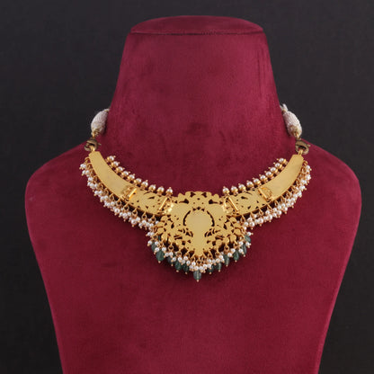 Classic Bridal Jadau Kundan Necklace with Green Emerald Beads Hangings