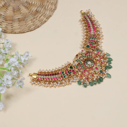 Classic Bridal Jadau Kundan Necklace with Green Emerald Beads Hangings