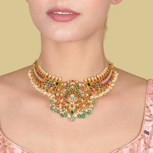 Classic Bridal Jadau Kundan Necklace with Green Emerald Beads Hangings