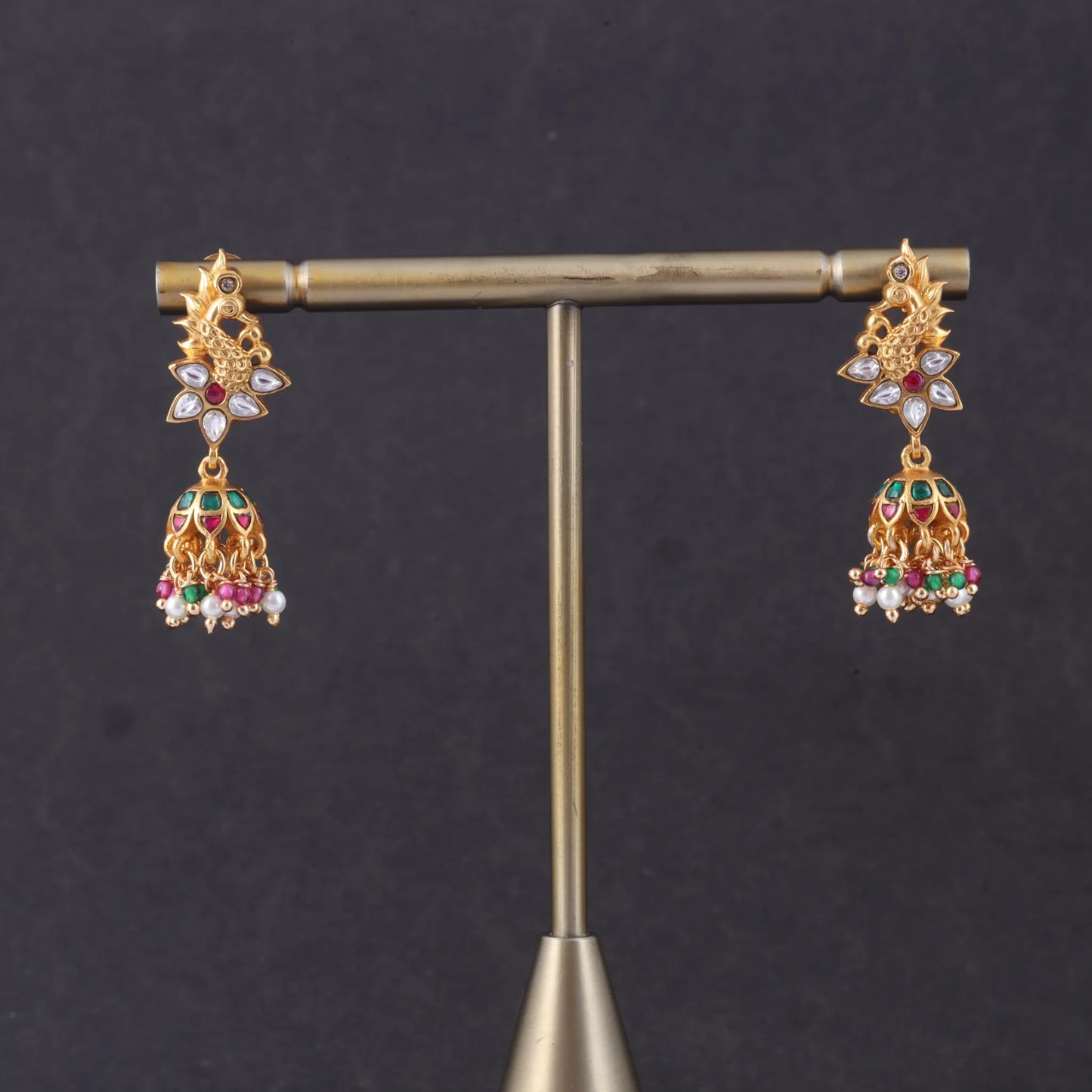 Pretty Looking Peacock Jadau Kundan Jhumka Earrings with Peal, Red and Green Beads Hangings