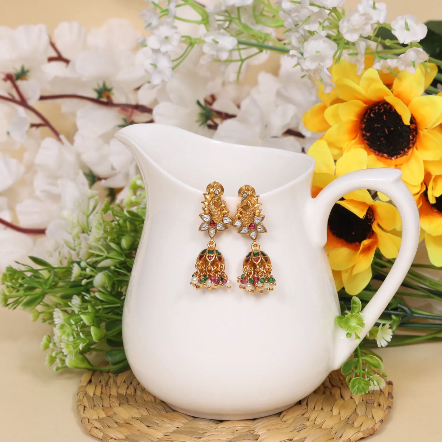 Pretty Looking Peacock Jadau Kundan Jhumka Earrings with Peal, Red and Green Beads Hangings