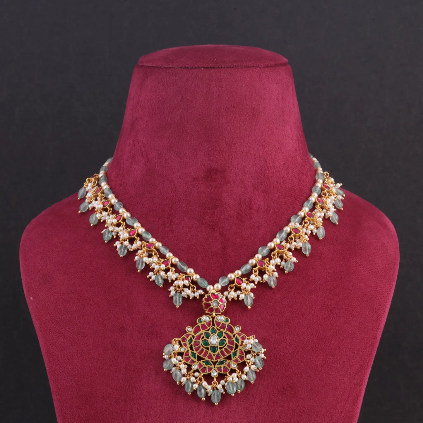 Designer Classic Jadau Kundan Necklace with Emerald Green Beads Hangings