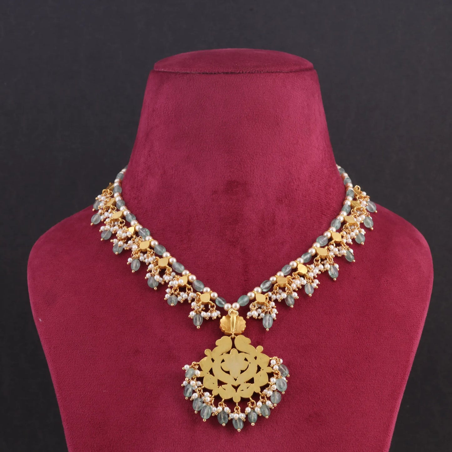 Designer Classic Jadau Kundan Necklace with Emerald Green Beads Hangings