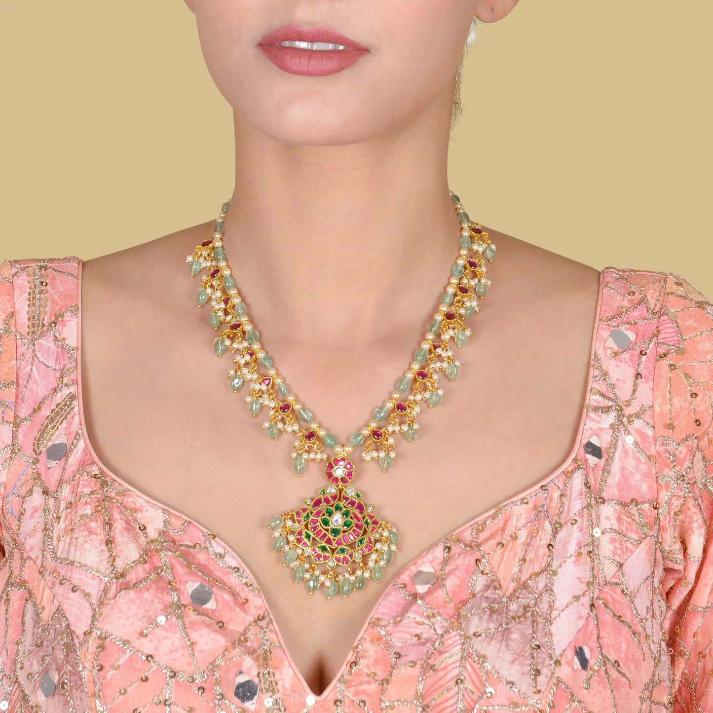 Designer Classic Jadau Kundan Necklace with Emerald Green Beads Hangings