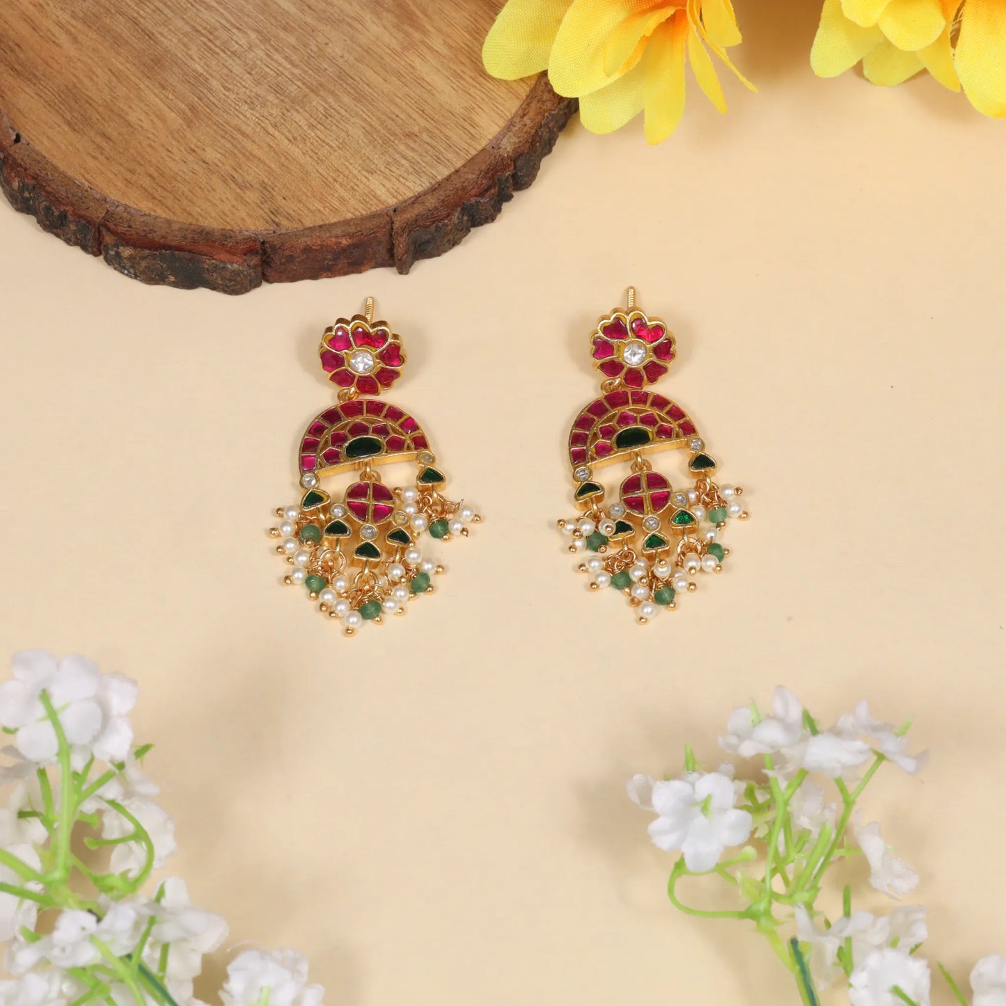 Glorious Designer Jadau Kundan Earrings with Pearl and Green Beads Hangings