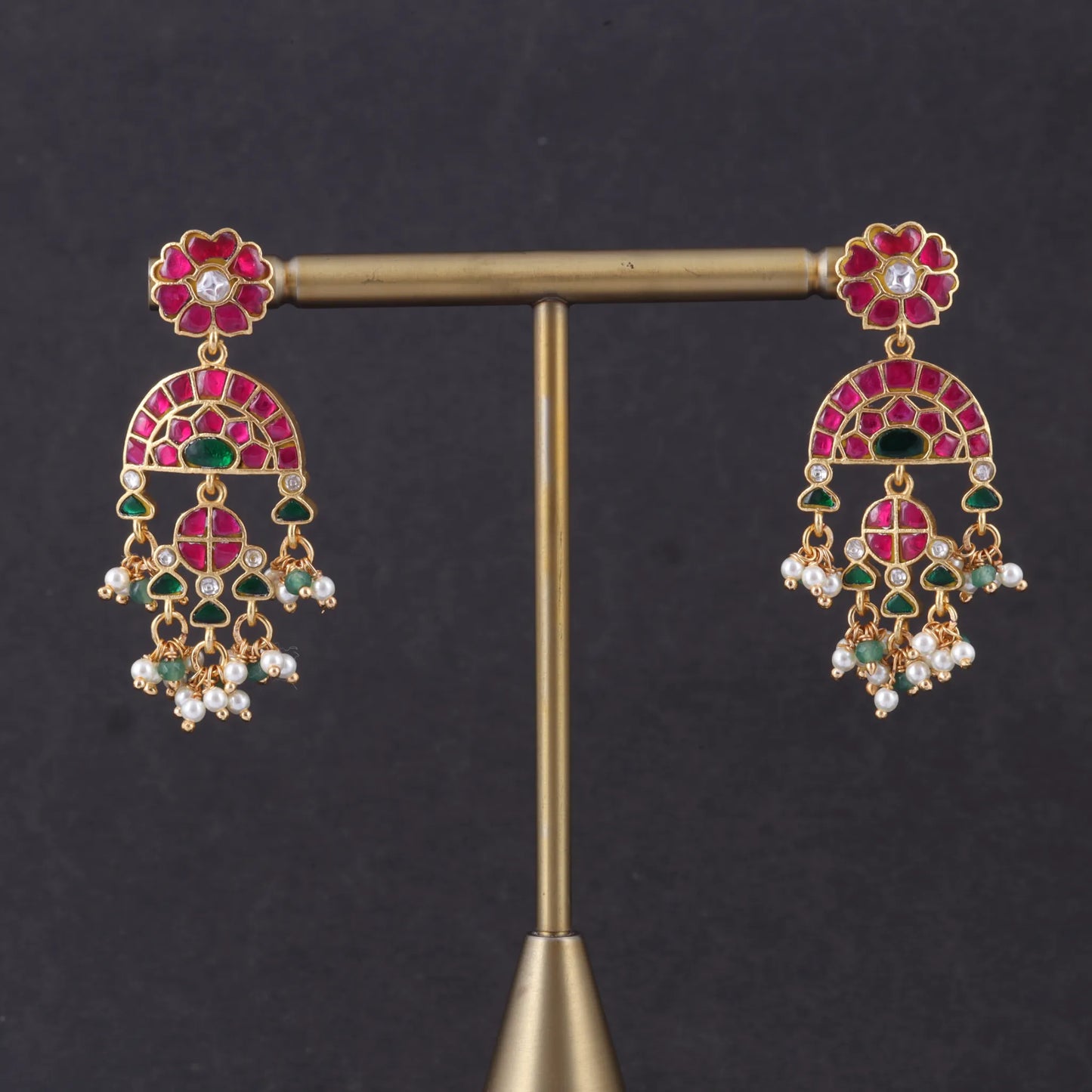 Glorious Designer Jadau Kundan Earrings with Pearl and Green Beads Hangings