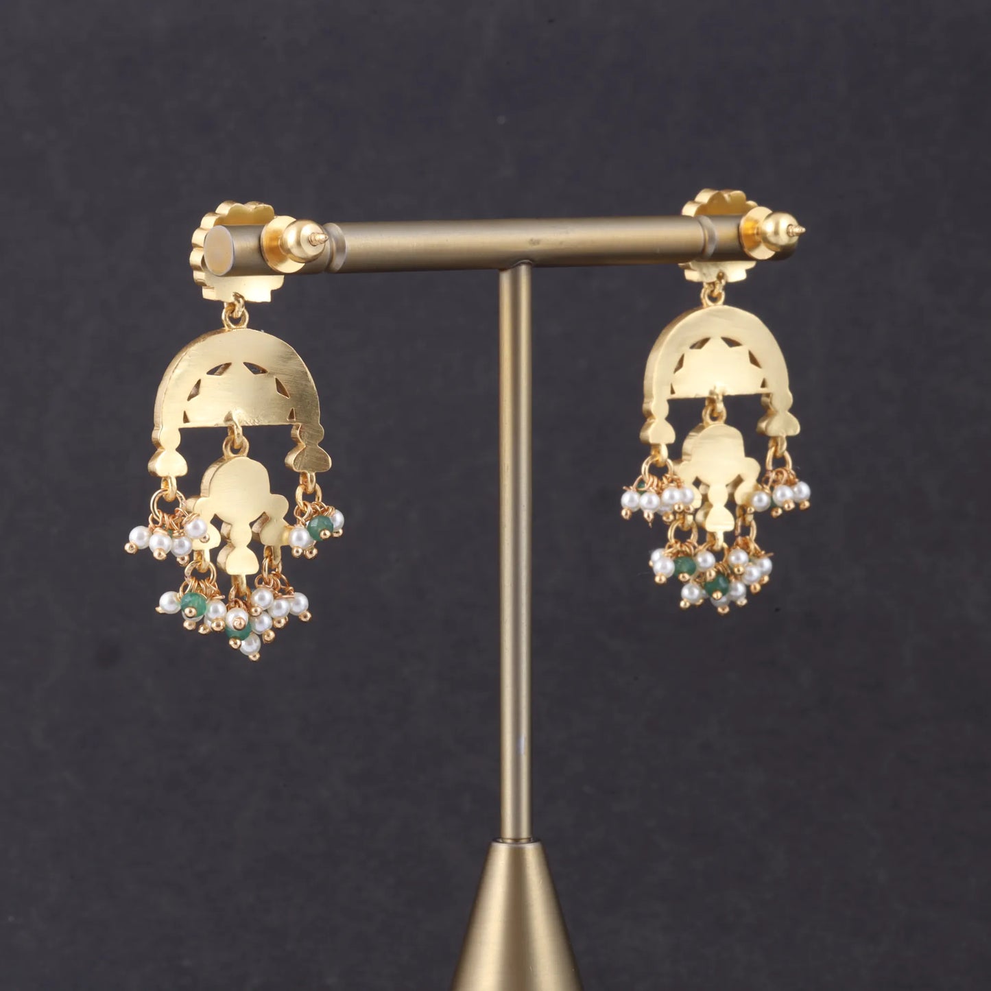 Glorious Designer Jadau Kundan Earrings with Pearl and Green Beads Hangings