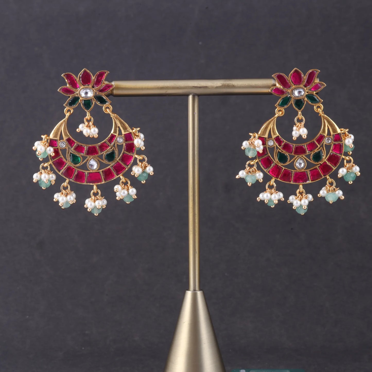 Classy Lotus Jadau Kundan Chandbali Earrings with Pearl and Green Beads Hangings