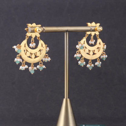 Classy Lotus Jadau Kundan Chandbali Earrings with Pearl and Green Beads Hangings