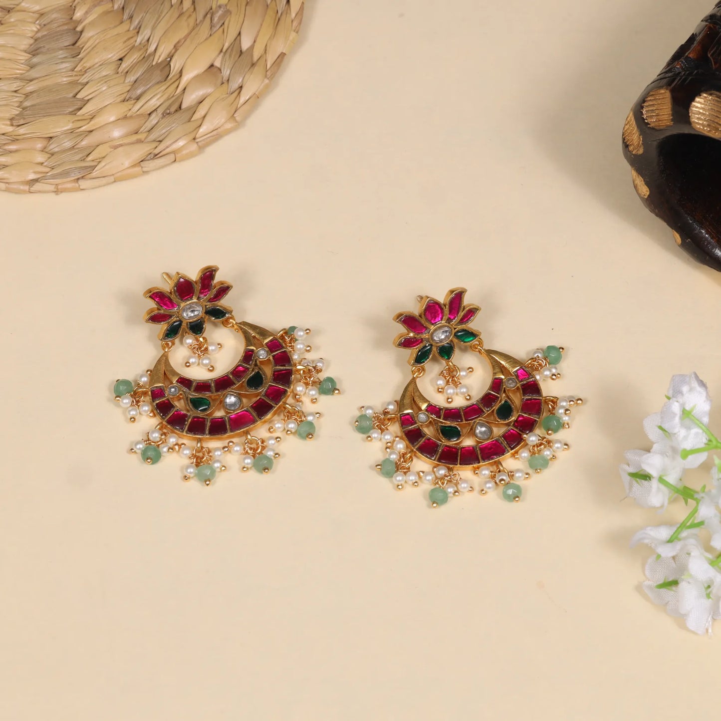 Classy Lotus Jadau Kundan Chandbali Earrings with Pearl and Green Beads Hangings