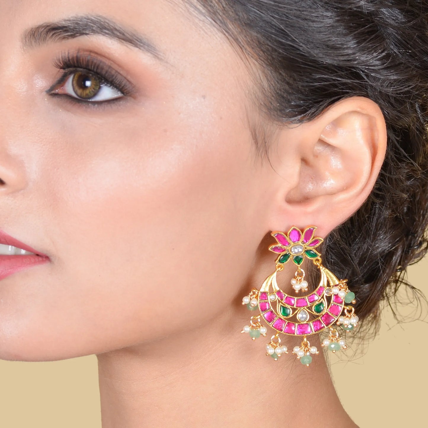 Classy Lotus Jadau Kundan Chandbali Earrings with Pearl and Green Beads Hangings