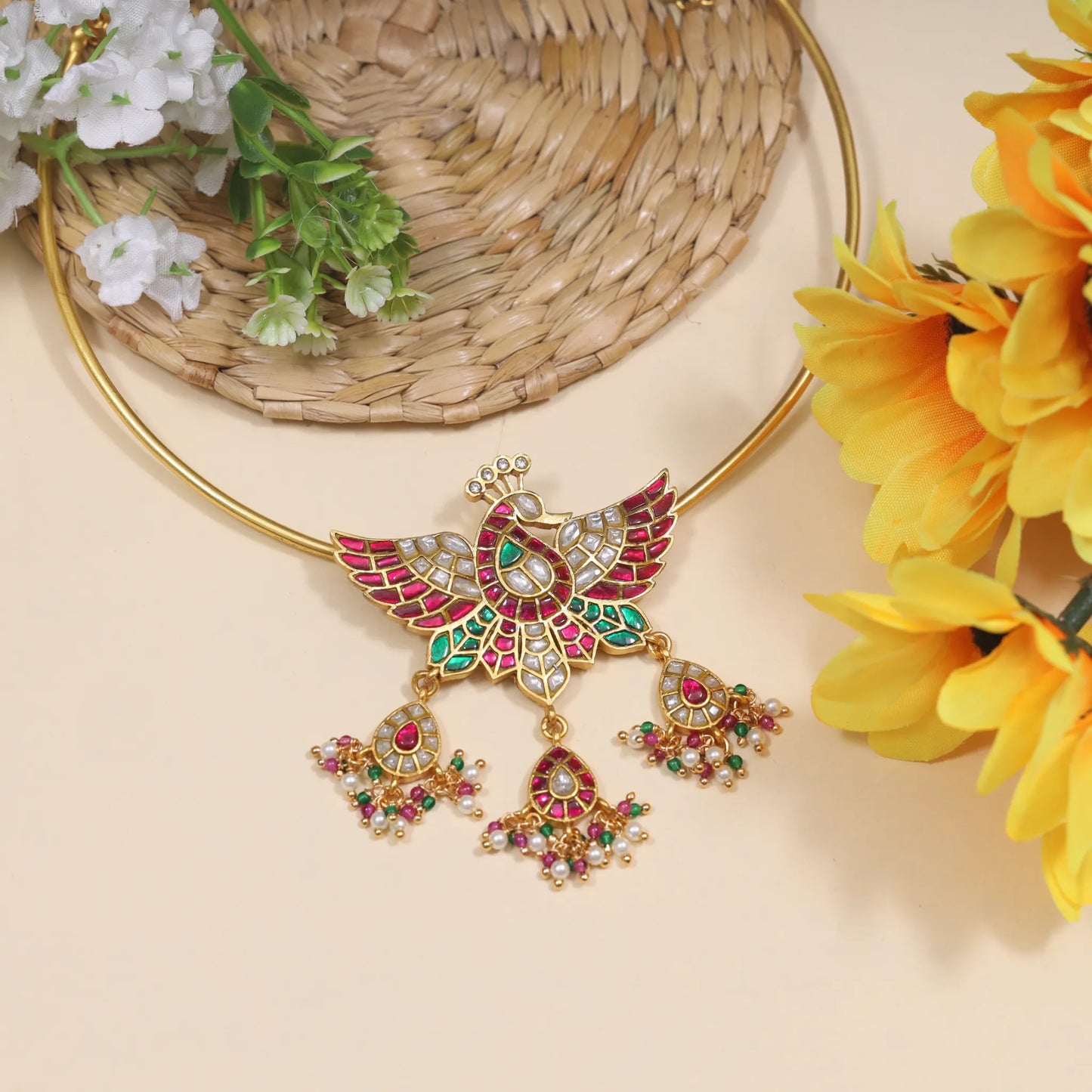 Beautiful Jadau Kundan Hasli Peacock Necklace