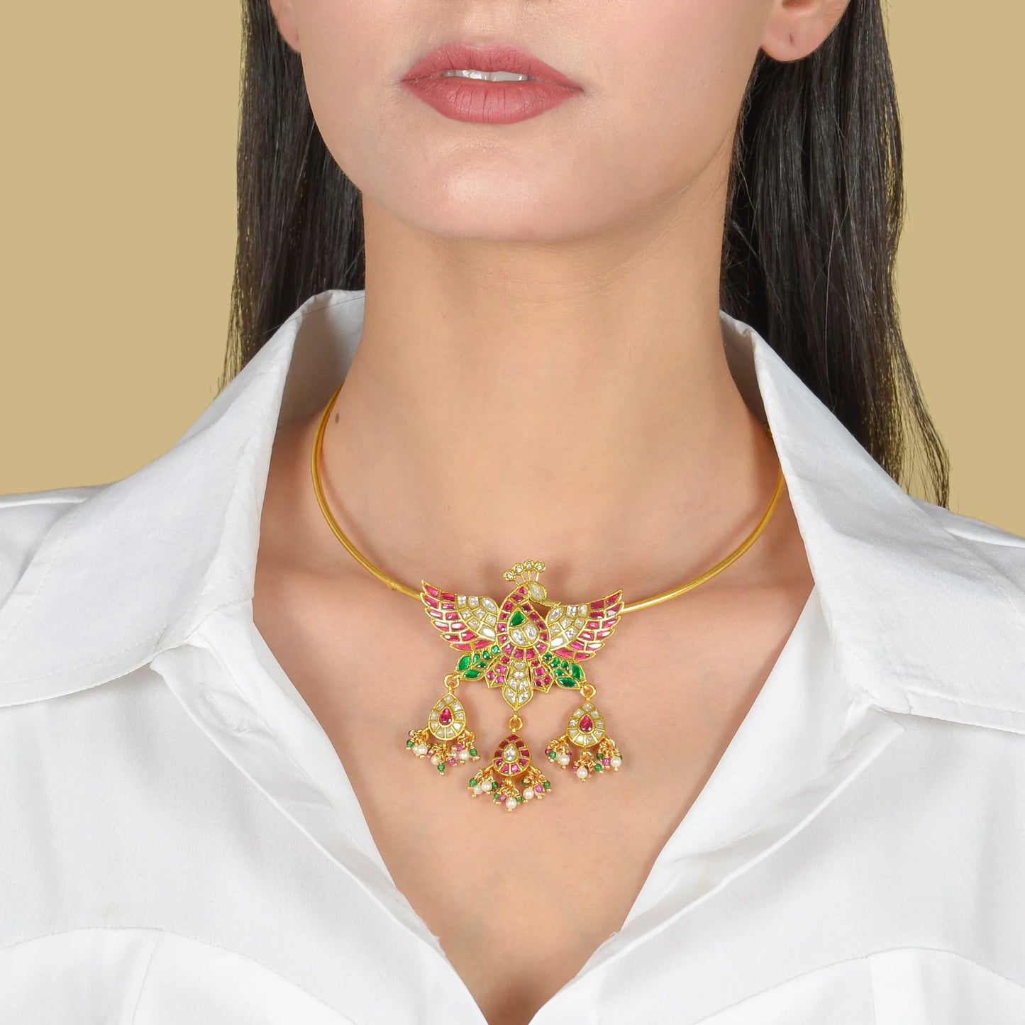 Beautiful Jadau Kundan Hasli Peacock Necklace